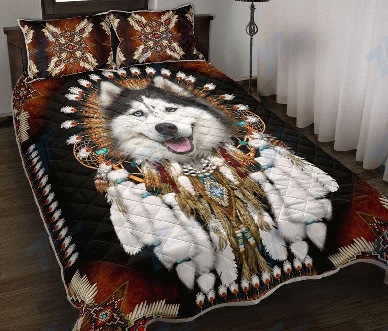 Funny Husky Headdress Native American Chief Bedding Set Tribal Dog
