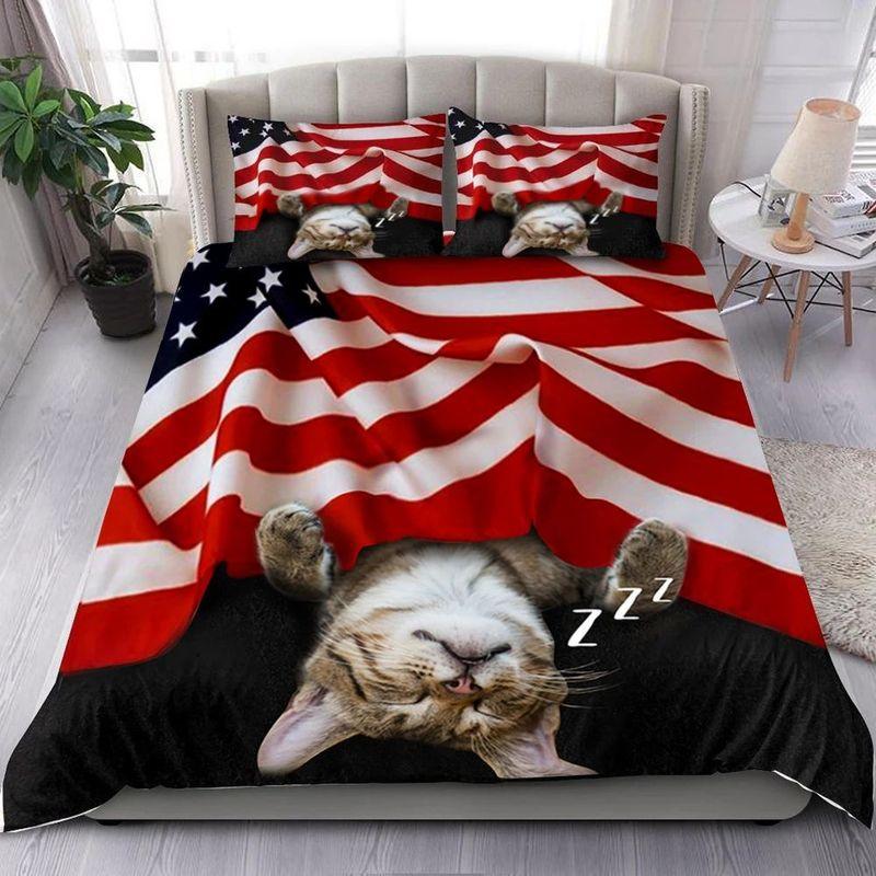 Funny Kitty Sleeping Usa Flag Bedding Set American Family Gift Love Cats