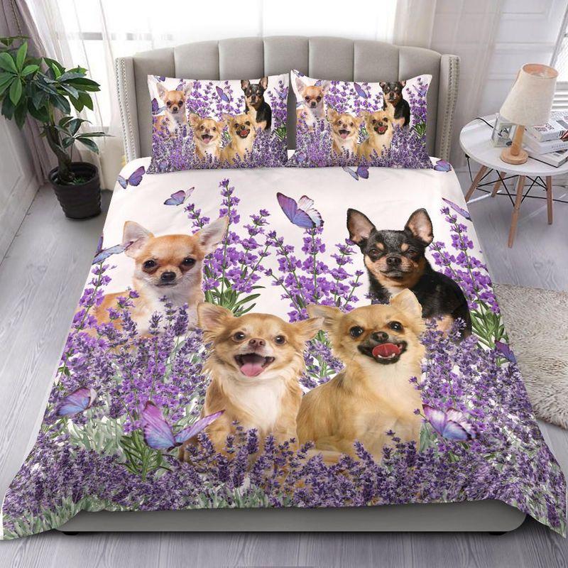 Funny Chihuahua Family Laughing Bedding Set Lavender Love Dogs Floral