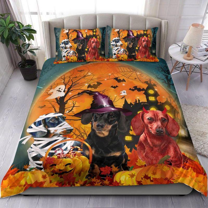 Dachshund Trick Or Treat Funny Dogs Halloween Bedding Set Hello Fall Dogs Lover