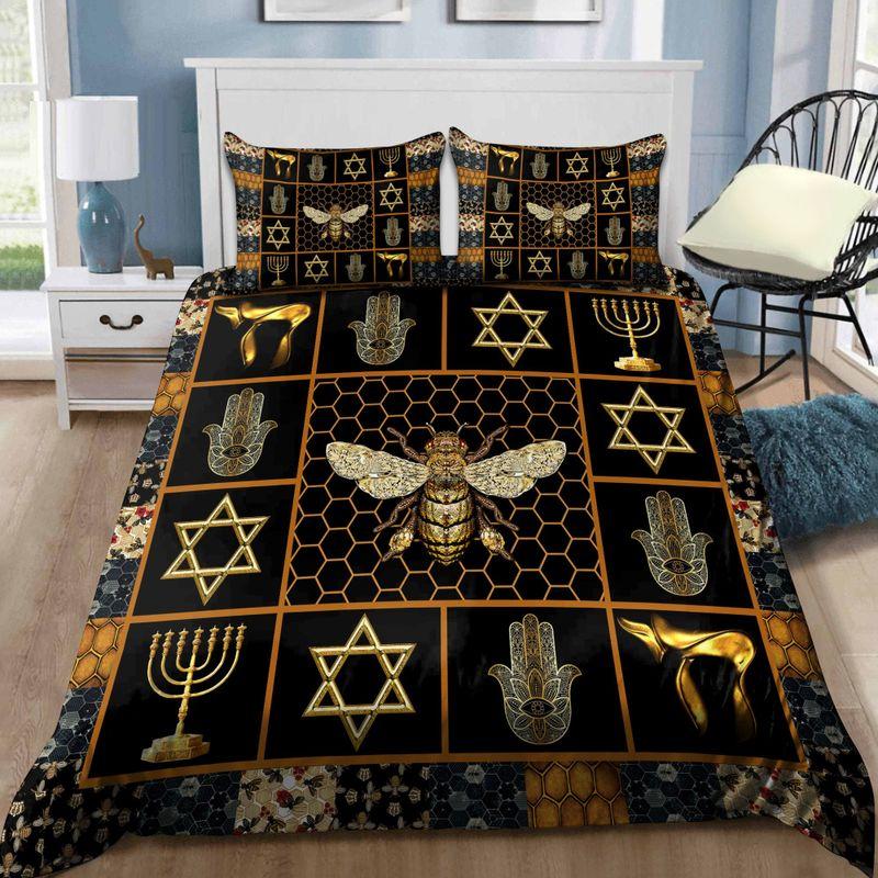 Bee And Jewish Symbols All Over Printed Bedding Set Vintage Bees Lovers Holiday