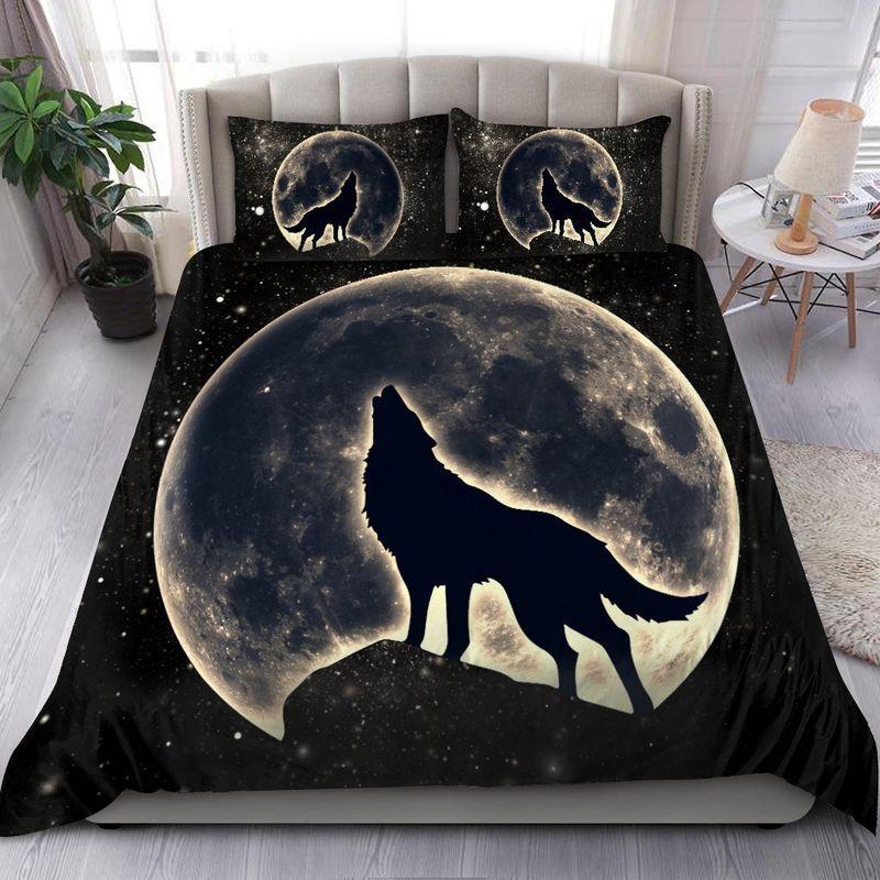 Wolf In The Moon Bedding Set Yellow Moon Space Wolf Lovers Gift