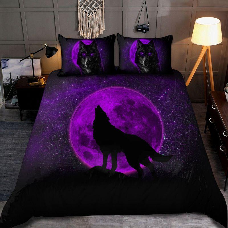 Wolf Howling Purple Moon Light Stars Bedding Set Wild Soul Wolves Lover
