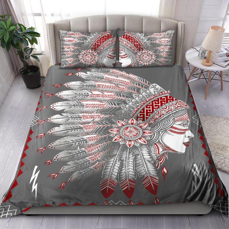 Native Girl Potrait Bedding Set Red Indian Women Head Printed Gift