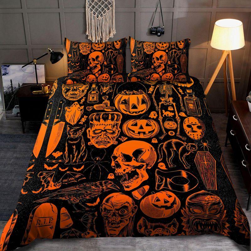Skull Pumkin Halloween Bedding Set Pumpkin Skull Horror Fans Gift