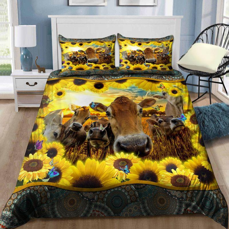 Beautiful Mandala Heifers And Sunflowers Bedding Set Farmer Animal Lovers