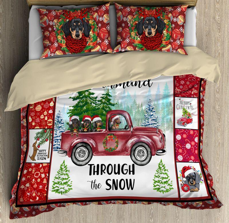 Dachshund Family Coming Home Comforter Set Christmas Dogs Through The Snow