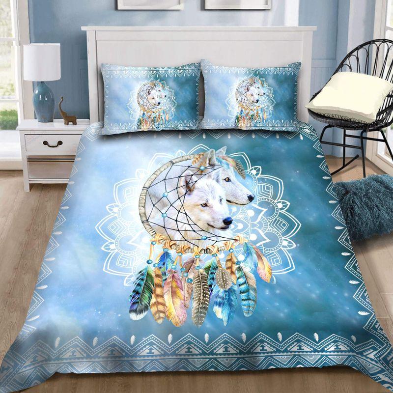 Native American White Wolf Couple Bedding Set Wolf Couple Mandala Gift