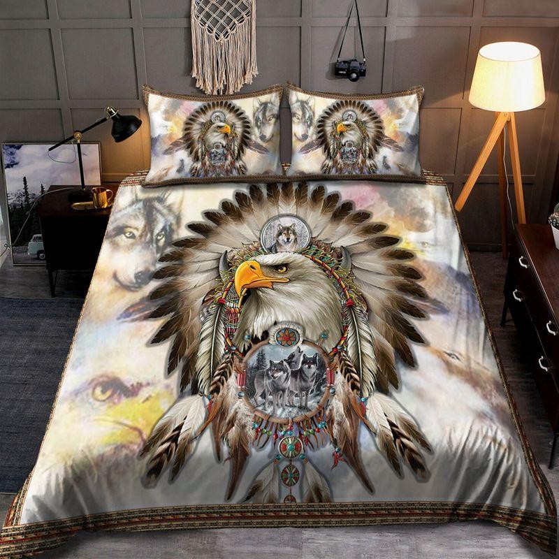 Native American Ea*Gle And Grey Wolfs Dreamcatcher Bedding Set Indian Wolf Lovers