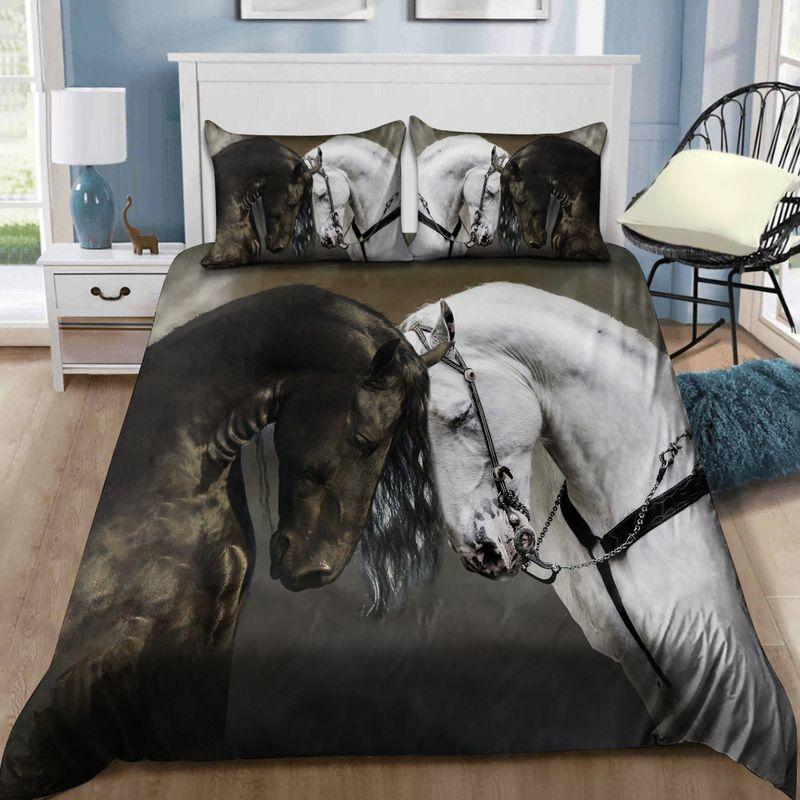 Black And White Horse Couple Bedding Set Husband Wife Horses Head To Head
