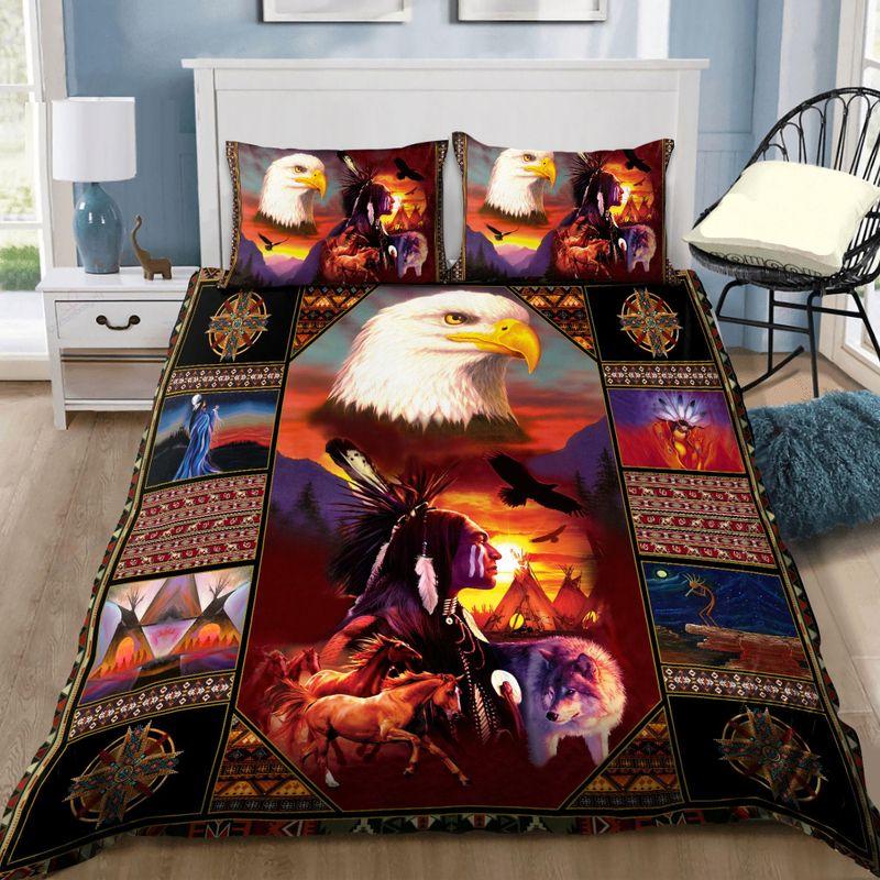 Native American Heritage Day Comforter Set Indigenous Horse Wolf Eagle