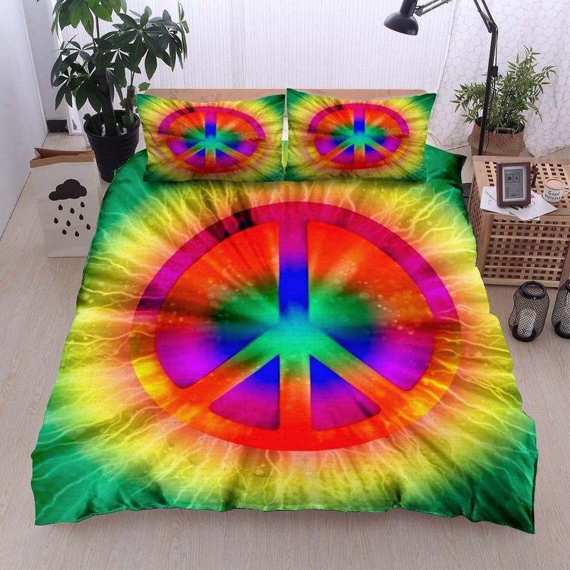 Colorful Hippie Symbol Bedding Set Abtract Rainbow Hippie Sign Peace