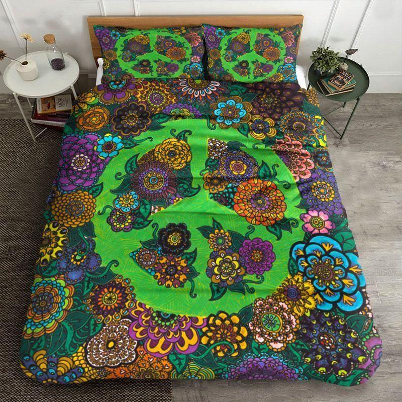 Hippie Floral Symbol Bedding Set Wild Flowers Hippie Peace Let It Be