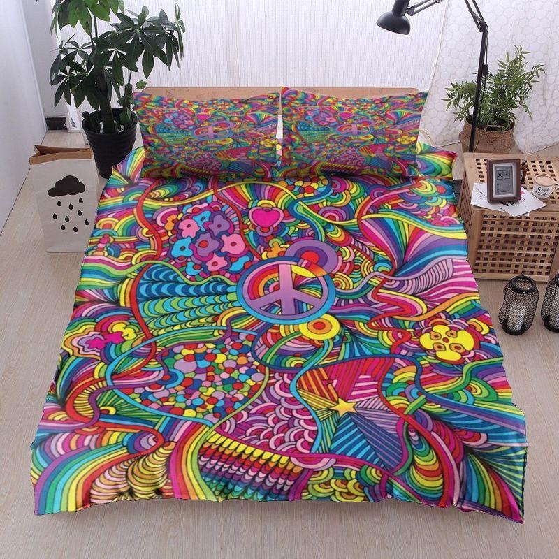 Colorful Hippie Lover With Symbol Bedding Set Trippy Abstract Rainbow