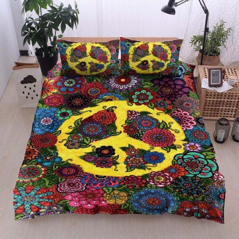 Floral Hippie Symbol Bedding Set Wildflower Peace Let It Be Gift To Family