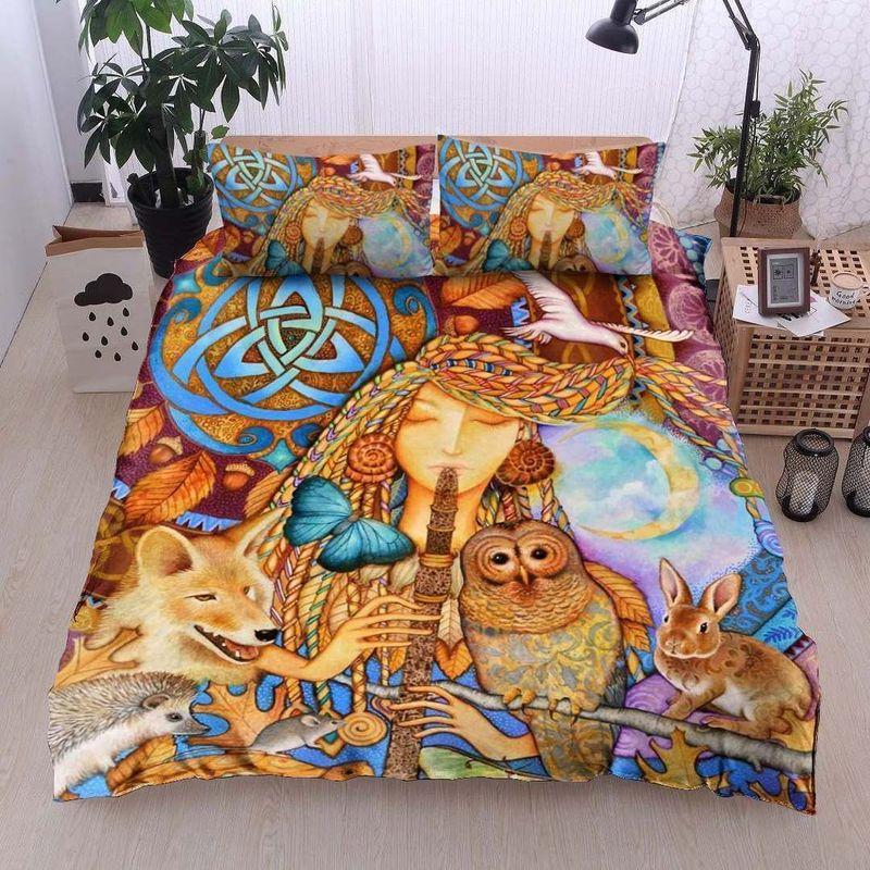 Hippie Girl With Animals Bedding Set Mother Of Nature Flute Owl Wolf Rabbit