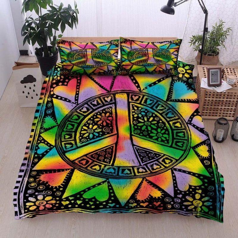 Loving Hippie Symbol Tie Dye Wild Flower Comforter Set Hippie Peace