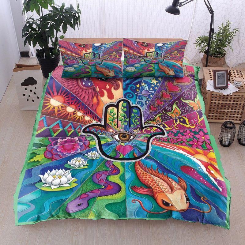 Hamsa Loving Bedding Set Lotus Palm-Shaped Amulet Trippy Natural