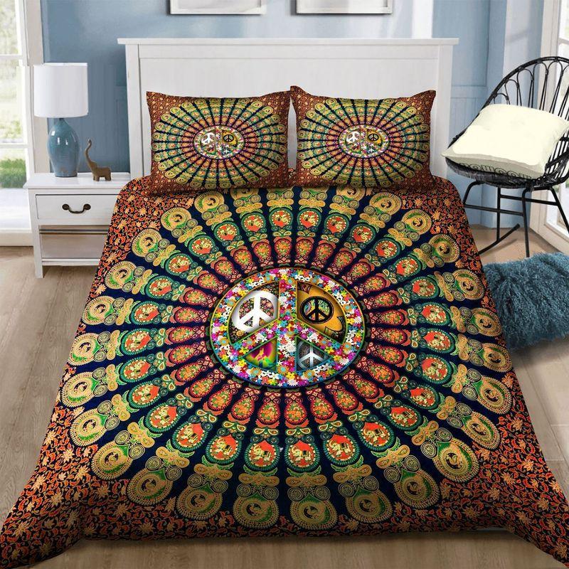 Hippie Sign Mandala Comforter Set Wild Flowers Hippie Peace Symbol