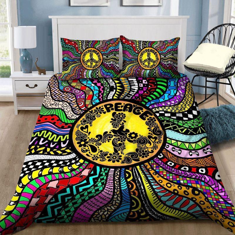 Hippie Colorful Peace Symbol Bedding Set Stay Trippy Little Hippie Peace