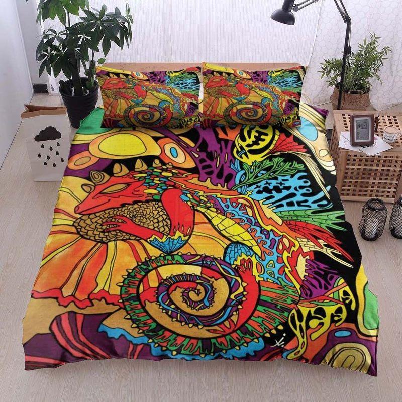 Hippie Colorful Dragon Bedding Set Dragon Sunflower Abtract Art
