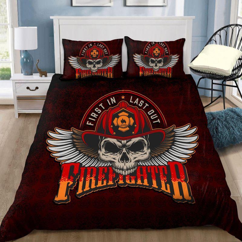 Cool Skull Firefighter Bedding Set First In Last Out Firefighter Dad Gift