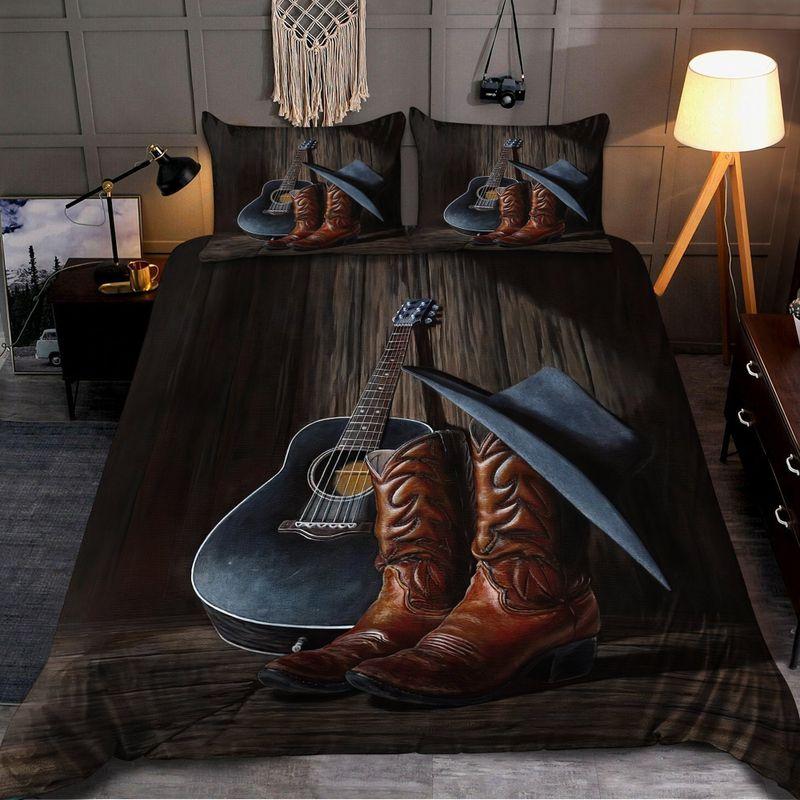 Guitar Cowboy Boots Hat Comforter Set Cowboy Life Lover Wild West