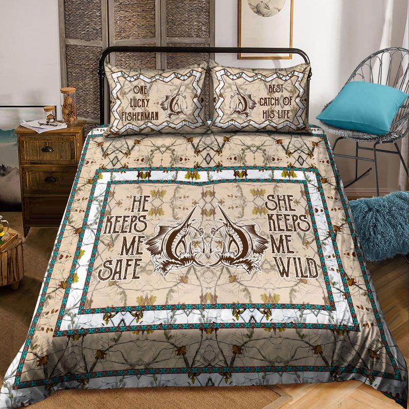 He Keeps Me Safe She Keeps Me Wild Fishing Couple Bedding Set Fishing Fans