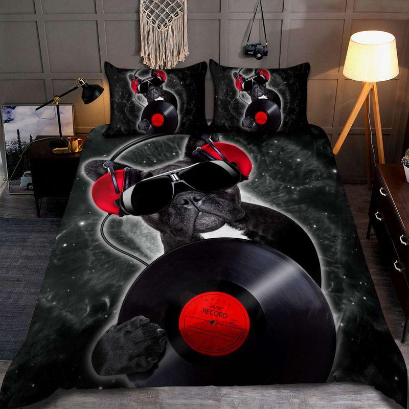French Bulldog Dj Vinyl Record Bedding Set Funny Dog Frenchie Love Musics