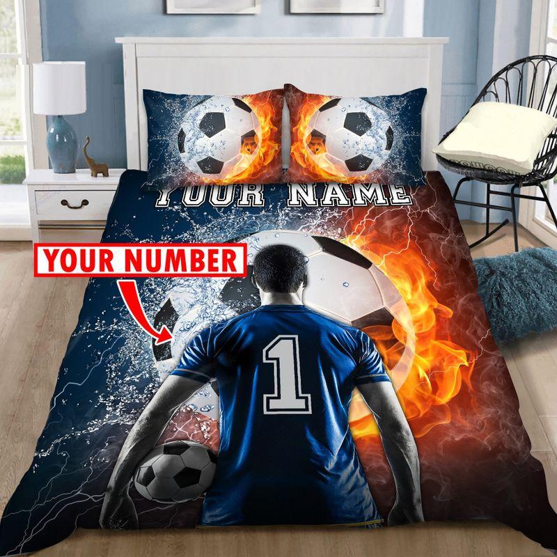 Custom Name And Number Soccer Player Fire And Water Bedding Set Soccer Lover Gift