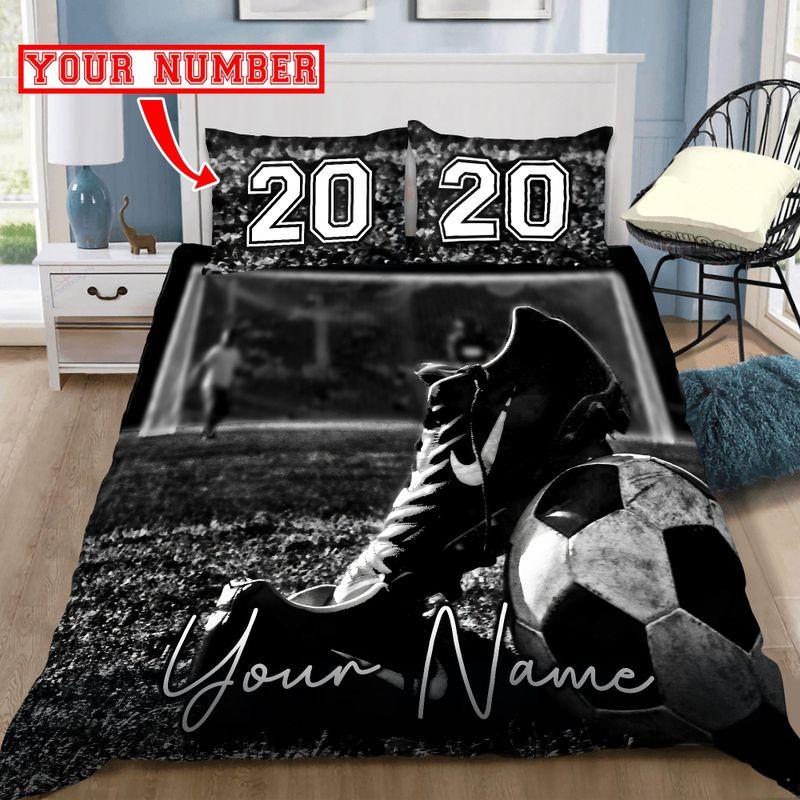 Custom Name & Number Bedding Set Soccer Ball And Shoes Gift For Sport Lover