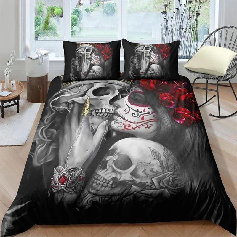 Couple Skull Bedding Set Sugar Skulls Tattoo Love Until Dead Mexican