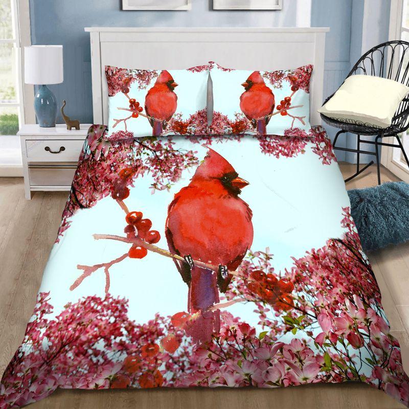Cardinalis Bedding Set Cardinal On Flowers Spring Scene Bedding Set Colorful Artwork