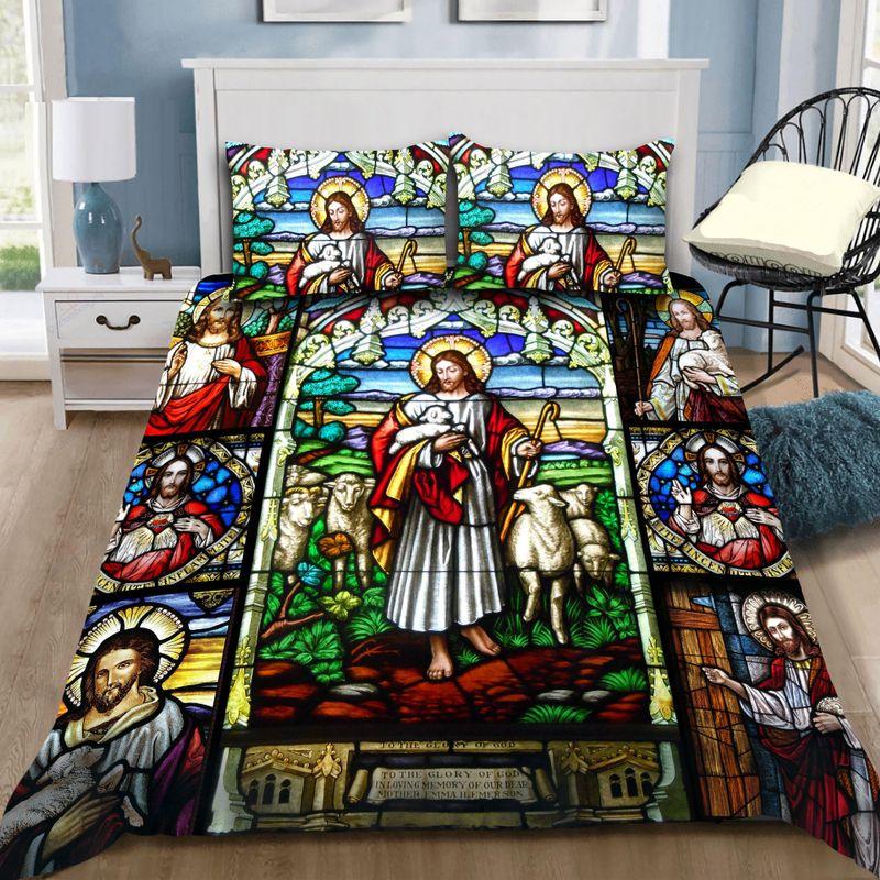 Jesus And Sheep Bedding Set Church Glass Painting Bedding Set Special Gift For Christian