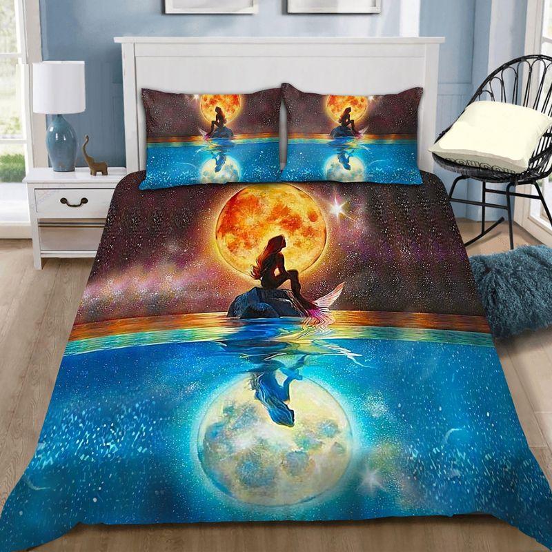 Mermaid Love Under Moonlight Bedding Set Peace Ocean Scene Printed Bedding Set For Mermaid Lovers