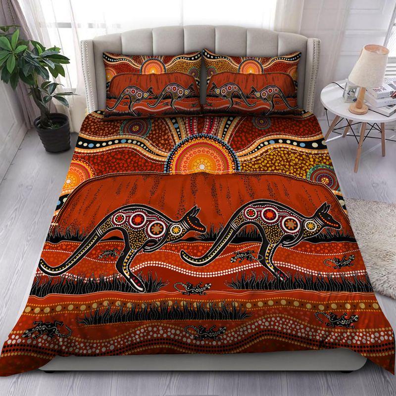 Australia Kangaroo Running Lizard Art Bedding Set Aboriginal Bedding Set Vintage Style