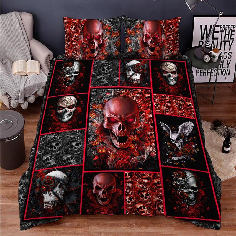 Roses Skull Bedding Set Skull Pattern Quilt Bed Set Halloween Gift