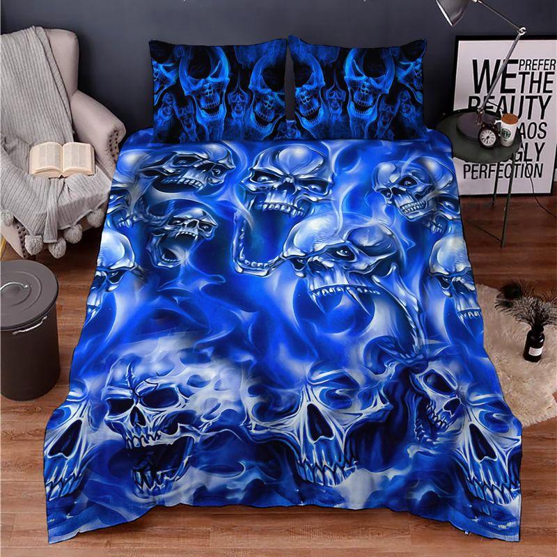 Blue Soul Eater Ghost Skull Bedding Set Blue Flame Skull Pattern