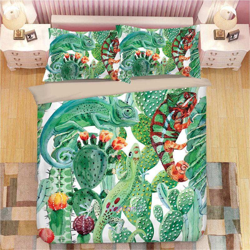 Chameleon Cactus Bedding Set Watercolor Green Cactus Chameleon