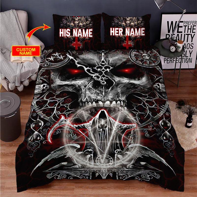 Custom Name Satan Baphomet Skull Bedding Set Halloween Gift Idea