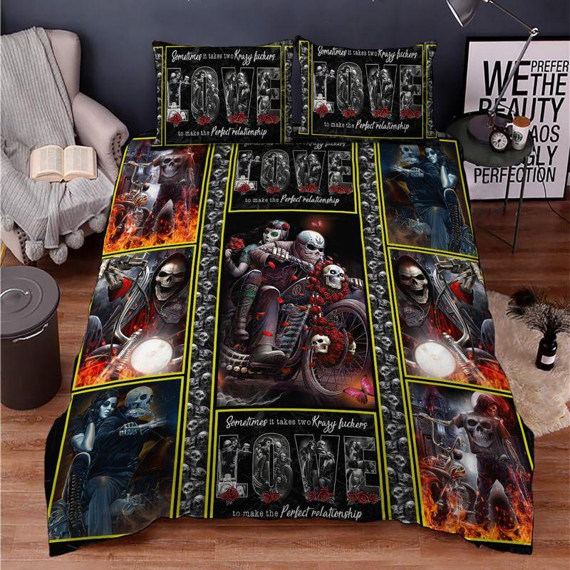 Love Race Rider Couple Skull Bedding Set Couple Valentine Gift