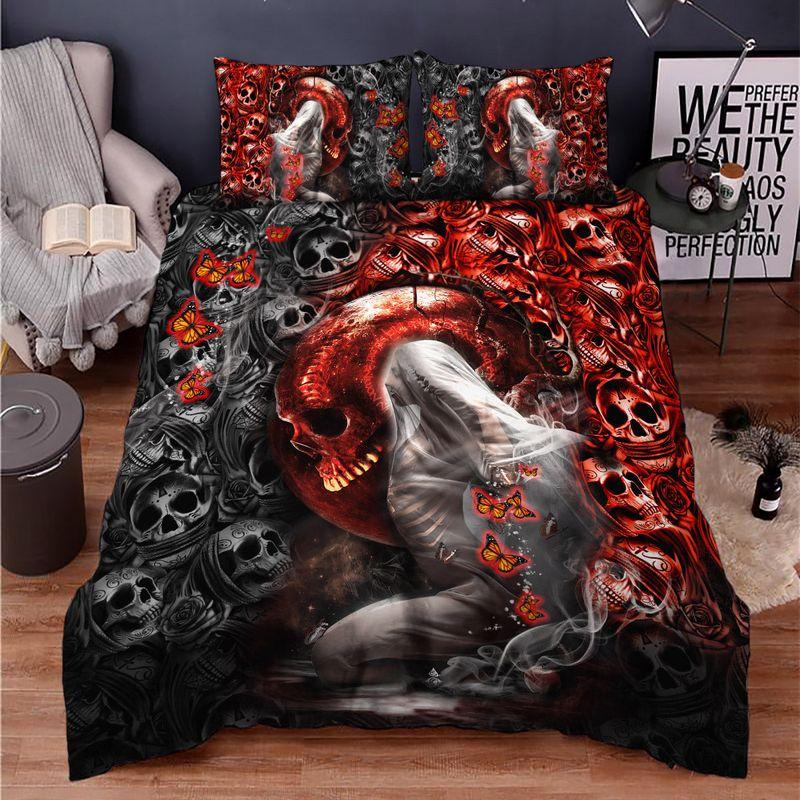 Idc Idk Idgaf Butterflies Red Bride Ghost Skull Bedding Set Halloween Gift
