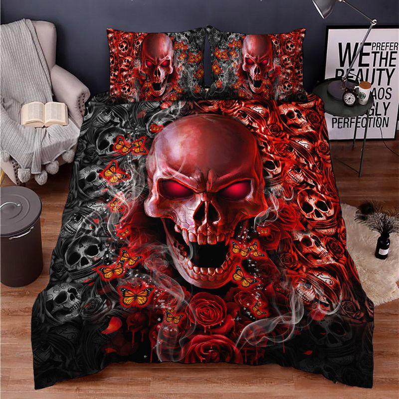 Red Roses Skull Bedding Set Rose Skull Flower Pattern Printing