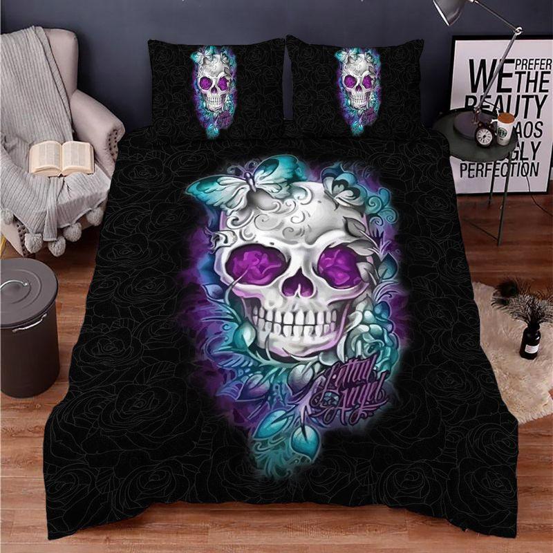 Butterfly Flower Skull Bedding Set Rose Flower Line Art Birthday Gift