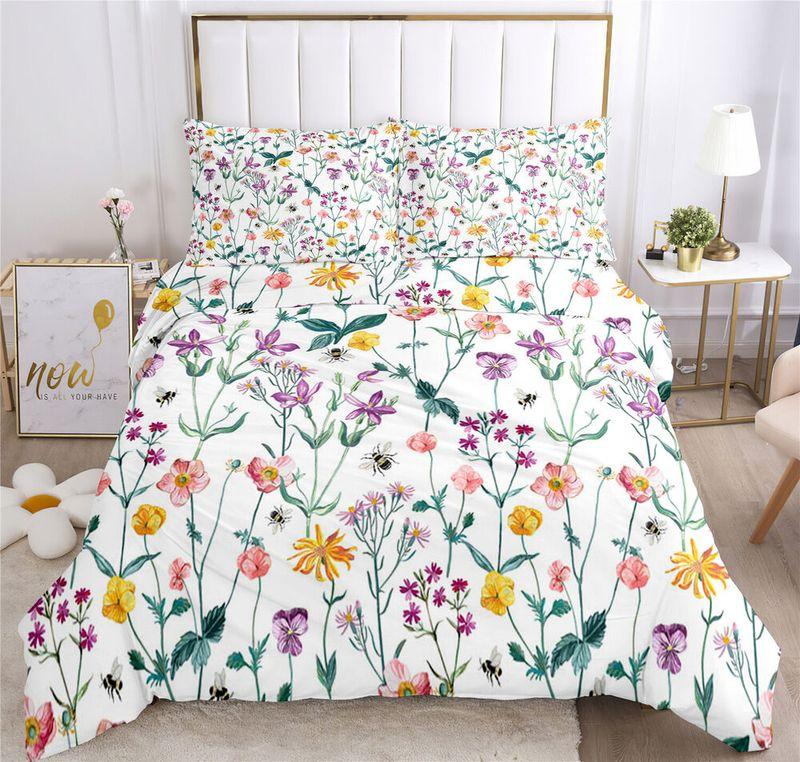 Fresh Small Floral Pattern Queen Bedding Set Bees Floral Fans Gift Idea