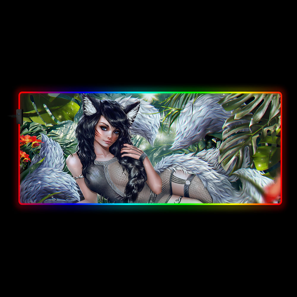 Allleftout Nine Tail Fox Girl Design Rgb Gaming Mouse Pad, Computer Desk Mat