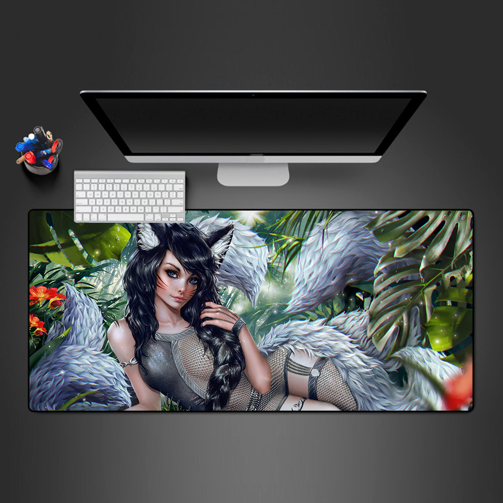 Allleftout Nine Tail Fox Girl Design Gaming Mouse Pad, Computer Desk Mat