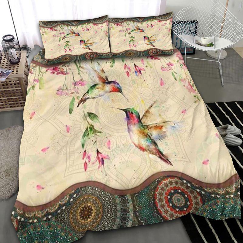 Rainbow Hummingbird Drawing Bedding Set Summer Spring Mandala