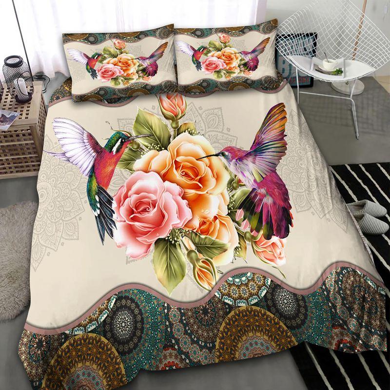 Flowers And Hummingbird Bedding Set Mandala Pattern Abstract