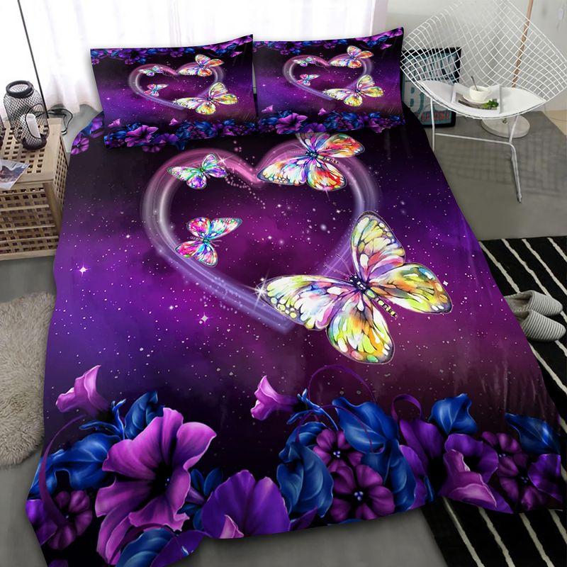 Rainbow Abstract Butterfly Heart Bedding Set Purple Flower Galax